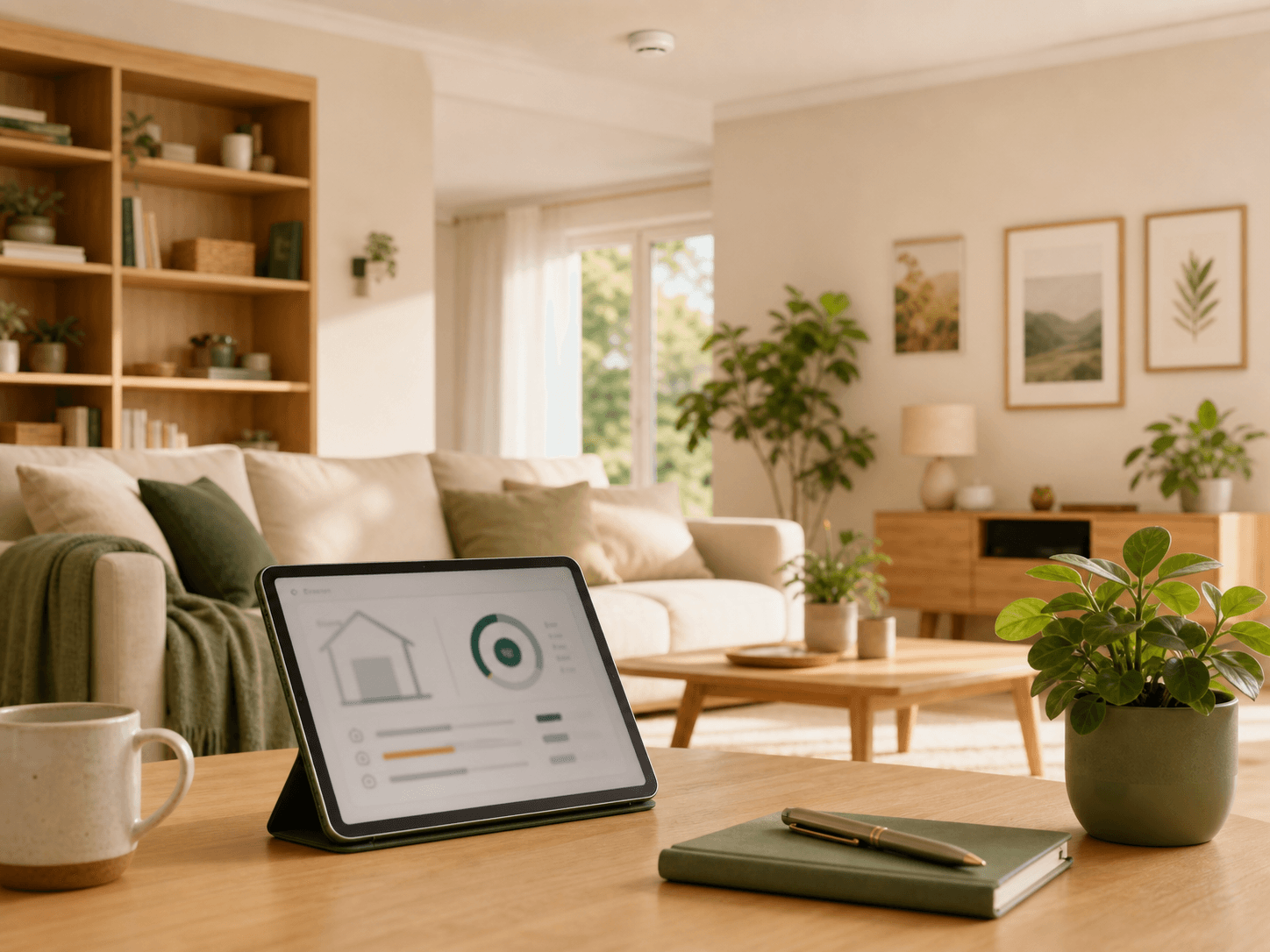 Hogar luminoso con una evaluación digital de seguridad en una tableta