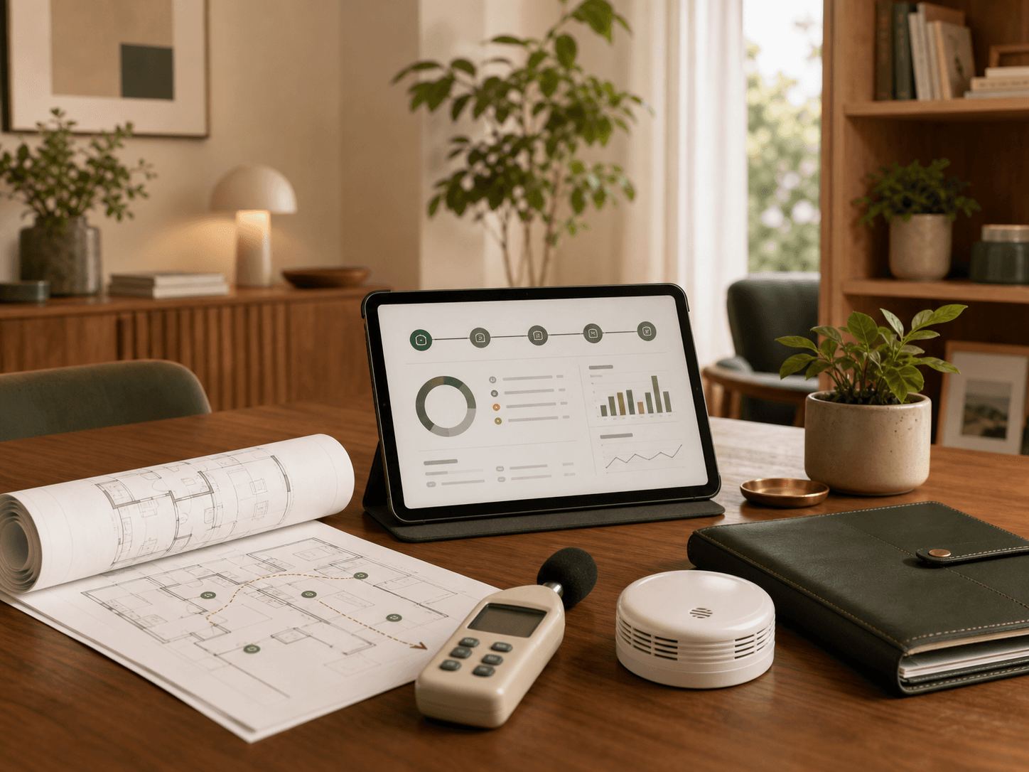 Mesa de auditoría doméstica con plan de evacuación, detector y panel digital